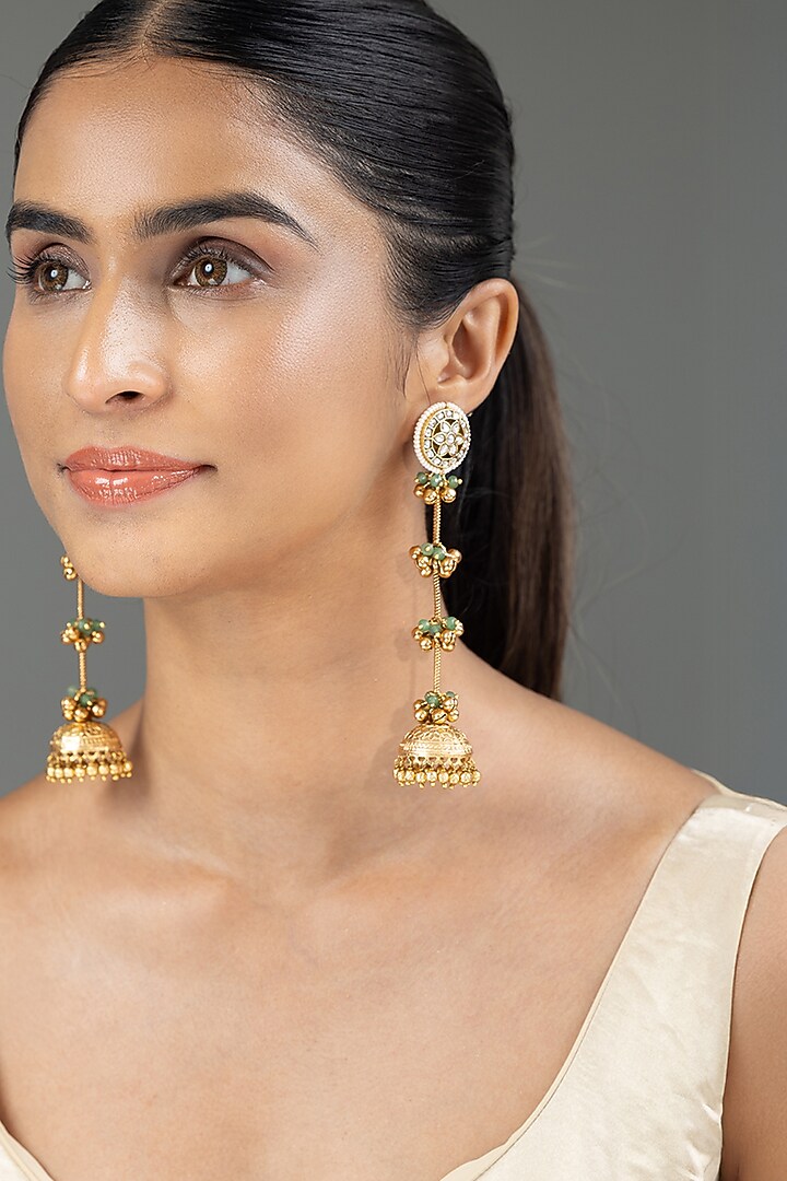 Gold Finish Kundan Polki & Ghungroo Dangler Earrings by Joules By Radhika at Pernia's Pop Up Shop