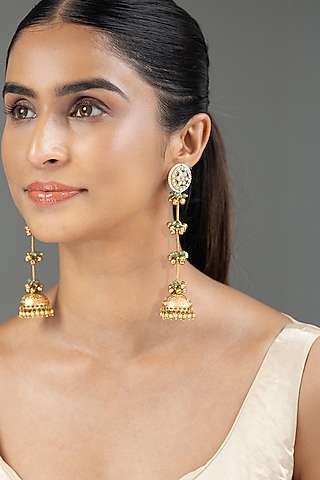Gold Finish Kundan Polki & Ghungroo Dangler Earrings by Joules By Radhika