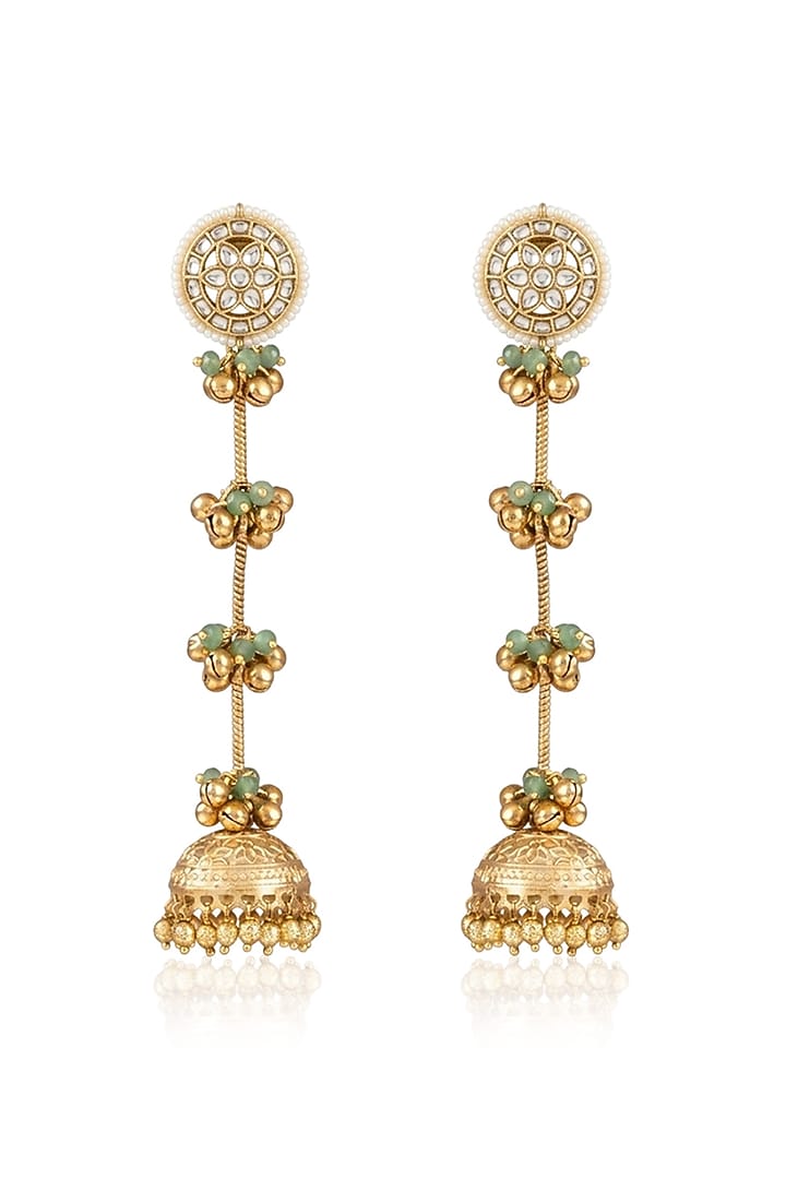 Gold Finish Kundan Polki & Ghungroo Dangler Earrings by Joules By Radhika at Pernia's Pop Up Shop