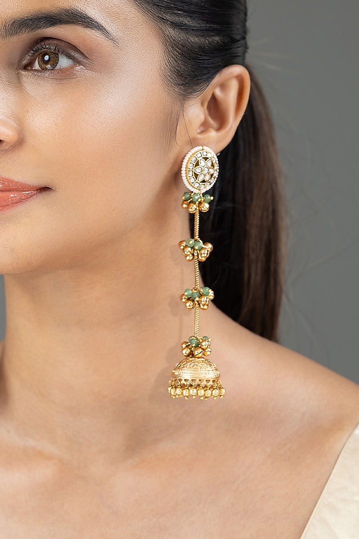 Gold Finish Kundan Polki & Ghungroo Dangler Earrings by Joules By Radhika at Pernia's Pop Up Shop