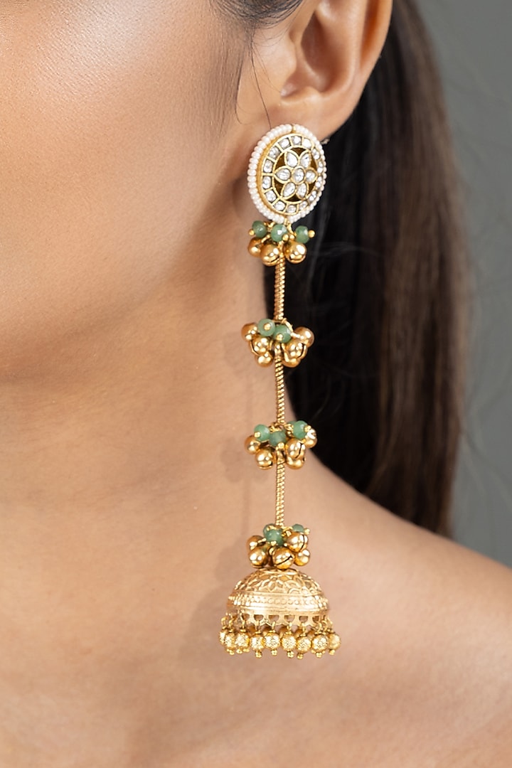 Gold Finish Kundan Polki & Ghungroo Dangler Earrings by Joules By Radhika at Pernia's Pop Up Shop