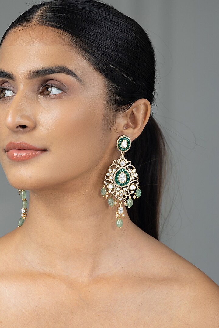 Gold Finish Kundan Polki & Green Stone Dangler Earrings by Joules By Radhika at Pernia's Pop Up Shop