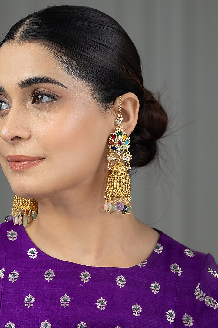 Gold Finish Multi-Colored Kundan Polki Dangler Earrings by Joules By Radhika at Pernia's Pop Up Shop