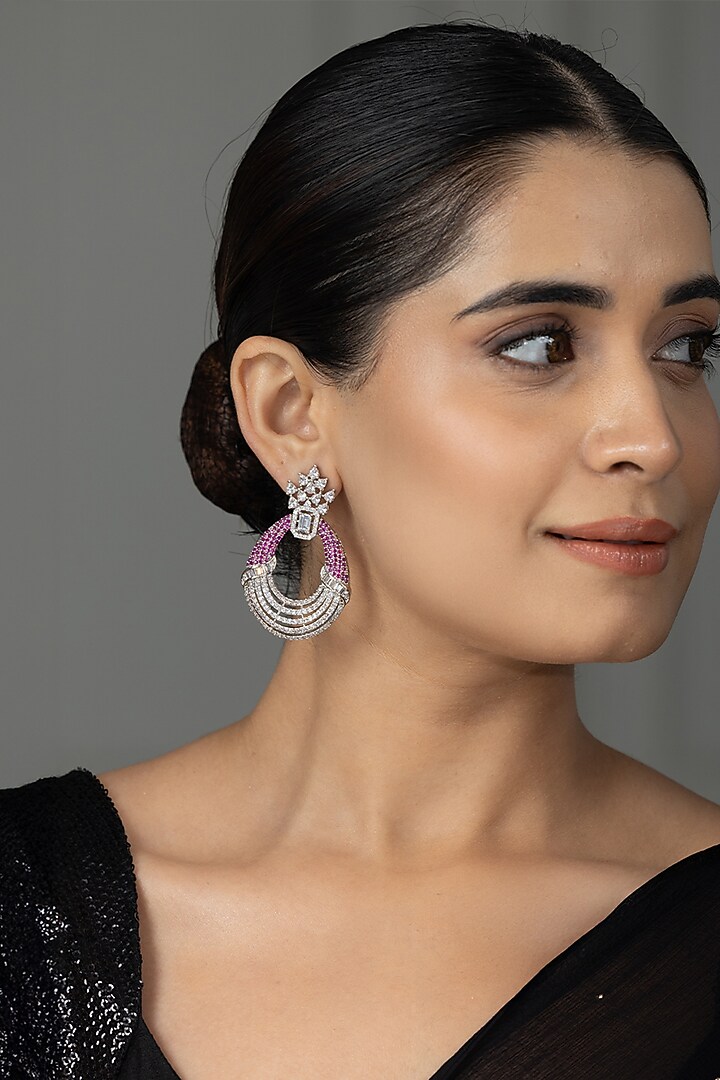 White Finish Zircon & Pink Stone Dangler Earrings by Joules By Radhika at Pernia's Pop Up Shop