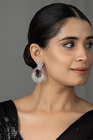 White Finish Zircon & Pink Stone Dangler Earrings by Joules By Radhika
