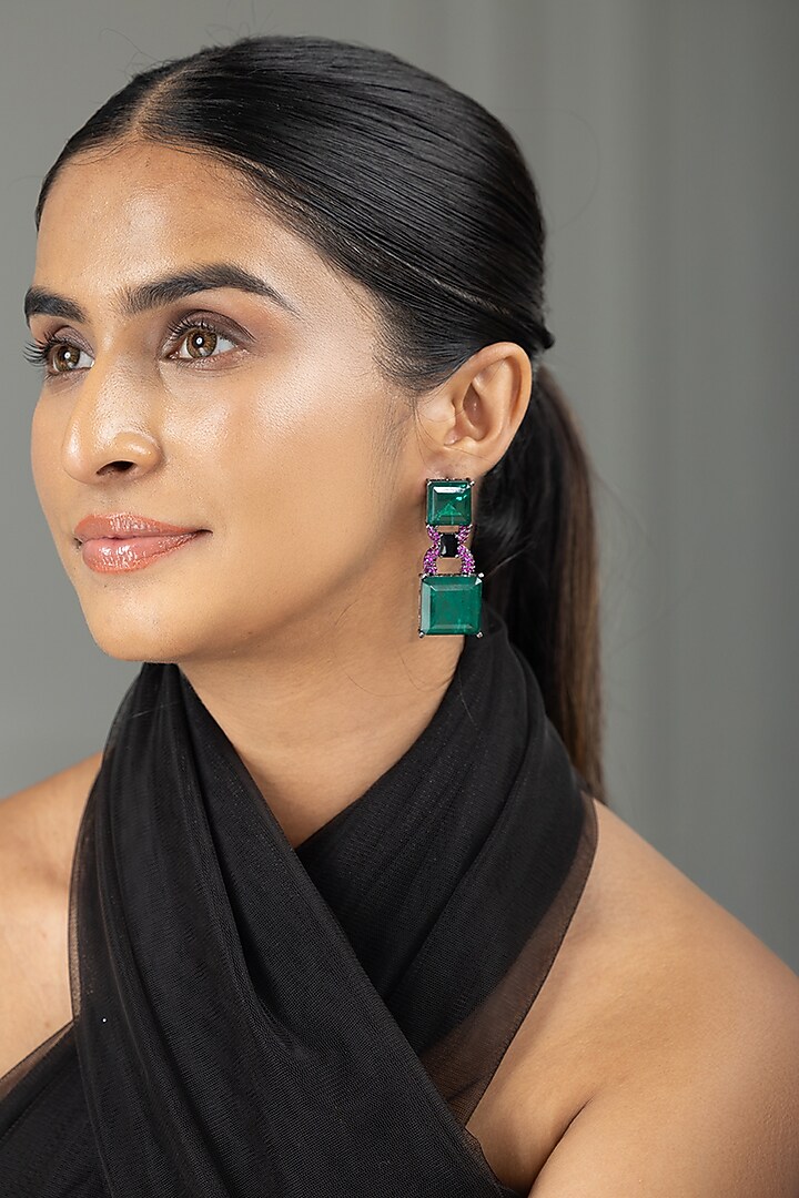 Gold Finish Green & Pink Stone Dangler Earrings by Joules By Radhika at Pernia's Pop Up Shop
