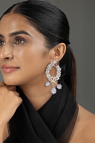 White Finish Cubic Zirconia & Black Spinel Stone Hoop Earrings by Joules By Radhika