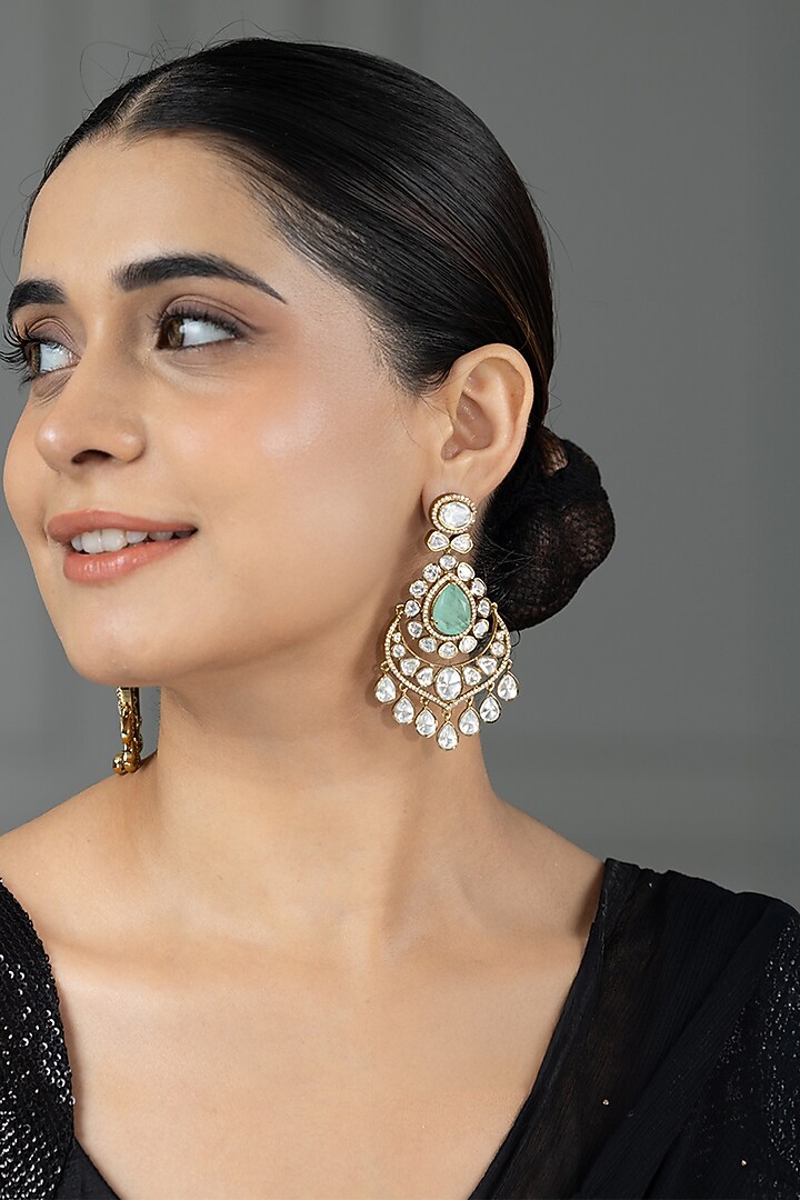 Gold Finish Kundan Polki & Green Stone Chandbali Earrings by Joules By Radhika at Pernia's Pop Up Shop