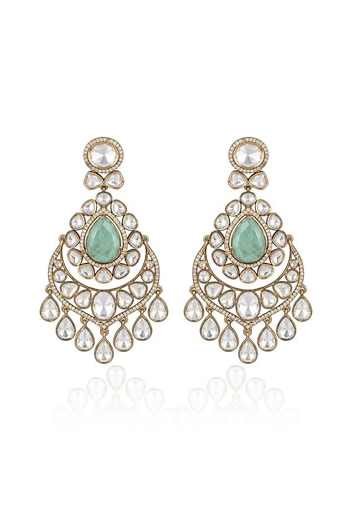 Gold Finish Kundan Polki & Green Stone Chandbali Earrings by Joules By Radhika at Pernia's Pop Up Shop