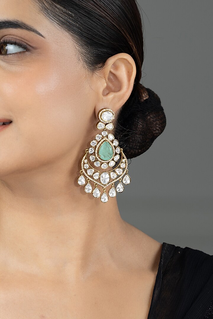 Gold Finish Kundan Polki & Green Stone Chandbali Earrings by Joules By Radhika at Pernia's Pop Up Shop
