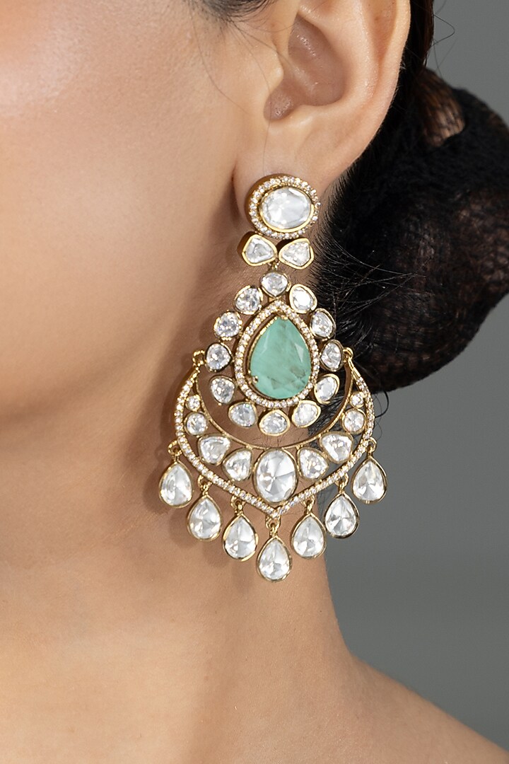 Gold Finish Kundan Polki & Green Stone Chandbali Earrings by Joules By Radhika at Pernia's Pop Up Shop
