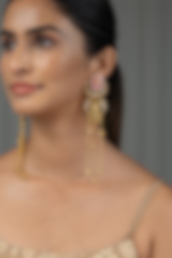 Gold Finish Pink Kundan Polki Dangler Earrings by Joules By Radhika at Pernia's Pop Up Shop