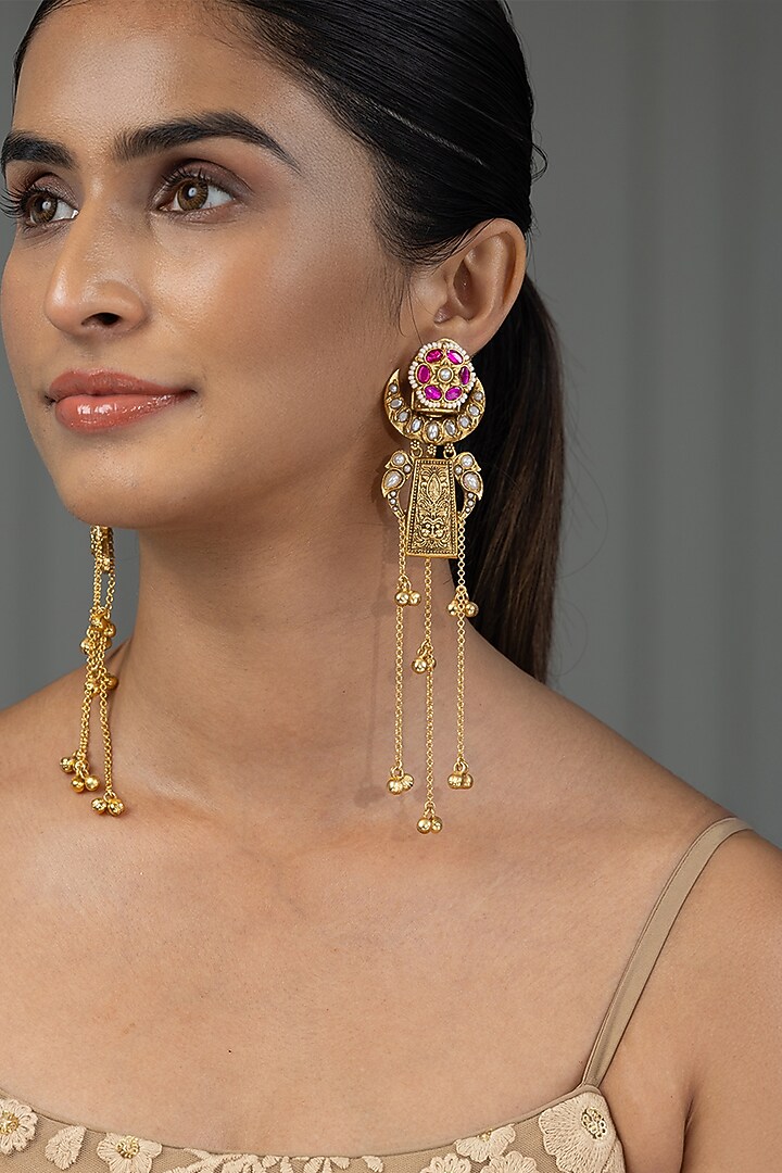 Gold Finish Pink Kundan Polki Dangler Earrings by Joules By Radhika at Pernia's Pop Up Shop