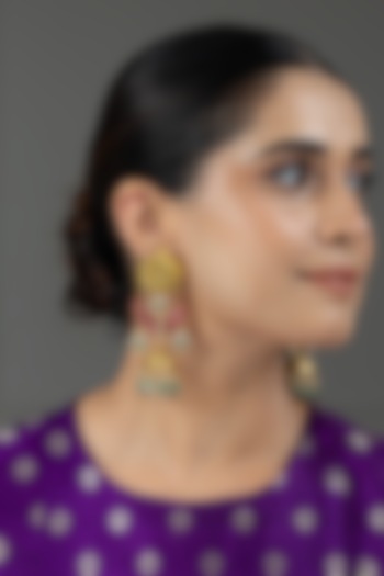 Gold Finish Pink & Green Stone Dangler Earrings by Joules By Radhika at Pernia's Pop Up Shop