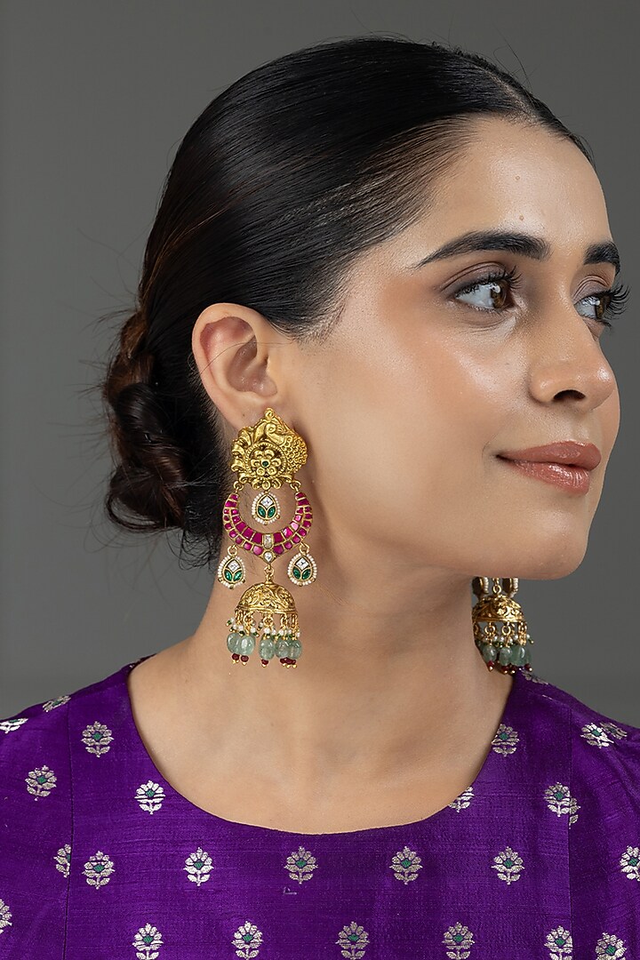 Gold Finish Pink & Green Stone Dangler Earrings by Joules By Radhika at Pernia's Pop Up Shop