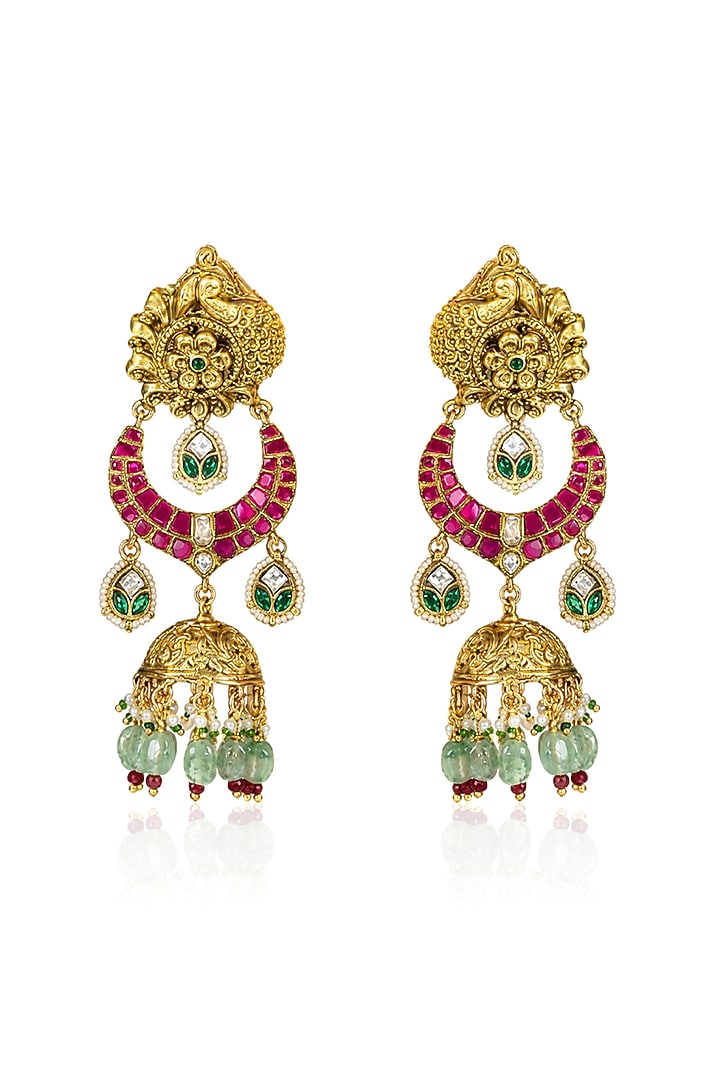 Gold Finish Pink & Green Stone Dangler Earrings by Joules By Radhika at Pernia's Pop Up Shop