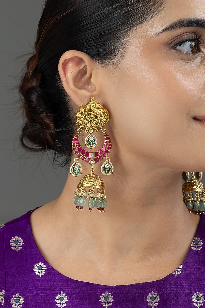 Gold Finish Pink & Green Stone Dangler Earrings by Joules By Radhika at Pernia's Pop Up Shop