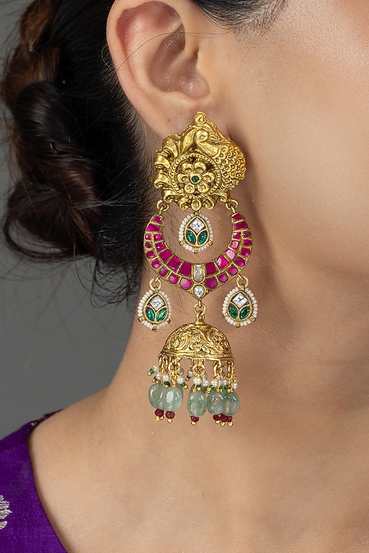 Gold Finish Pink & Green Stone Dangler Earrings by Joules By Radhika at Pernia's Pop Up Shop