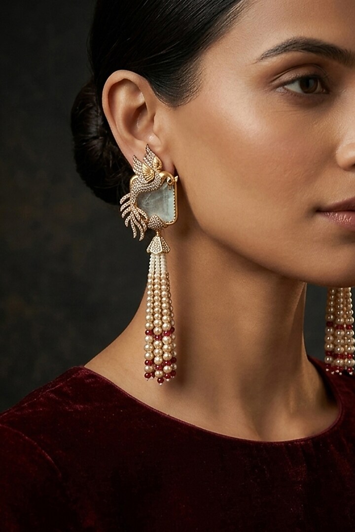 Gold Finish White & Gold Beaded Dangler Earrings by Joules By Radhika at Pernia's Pop Up Shop