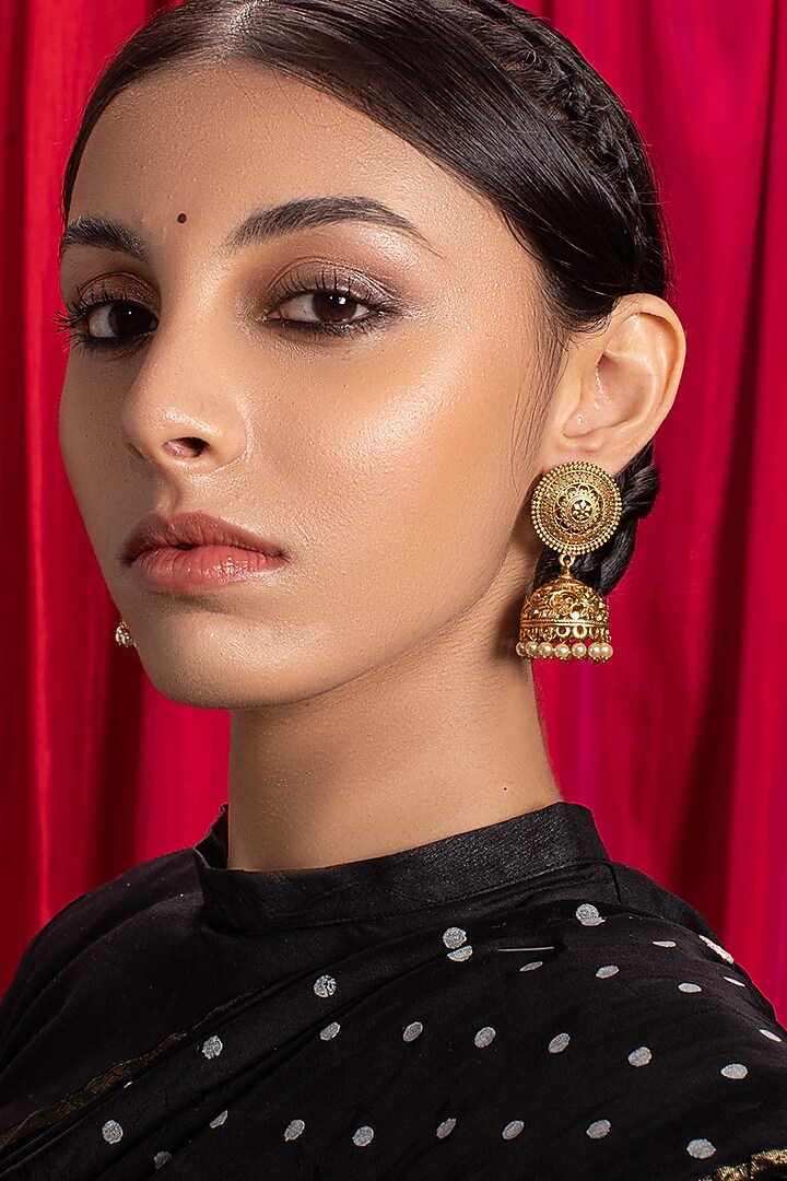 Antique Gold Finish Jhumka Earrings by Joules By Radhika at Pernia's Pop Up Shop