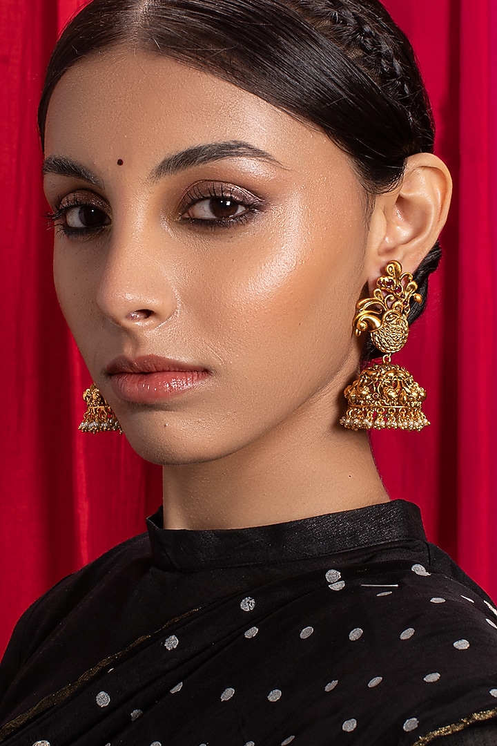 Antique Gold Finish Hydro Emerald & Ruby Jhumka Earrings by Joules By Radhika at Pernia's Pop Up Shop