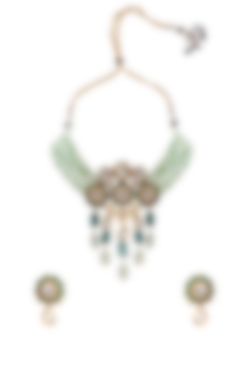 Gold Finish Kundan Polki Green Necklace Set by Joules By Radhika