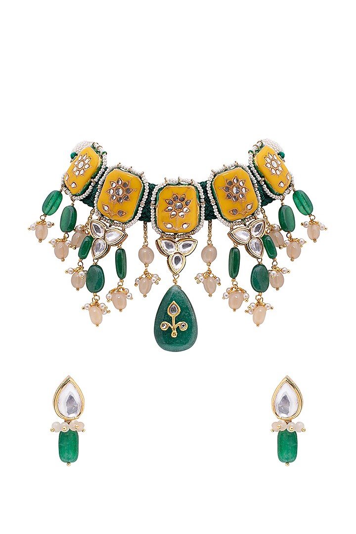 Gold Finish Meenakari Necklace Set With Jade Drops by Joules By Radhika