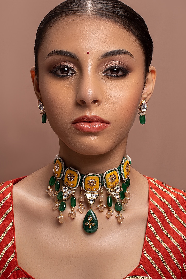 Gold Finish Meenakari Necklace Set With Jade Drops by Joules By Radhika