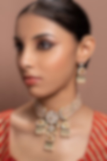 Gold Finish Kundan Polki & Agate Beaded Necklace Set by Joules By Radhika