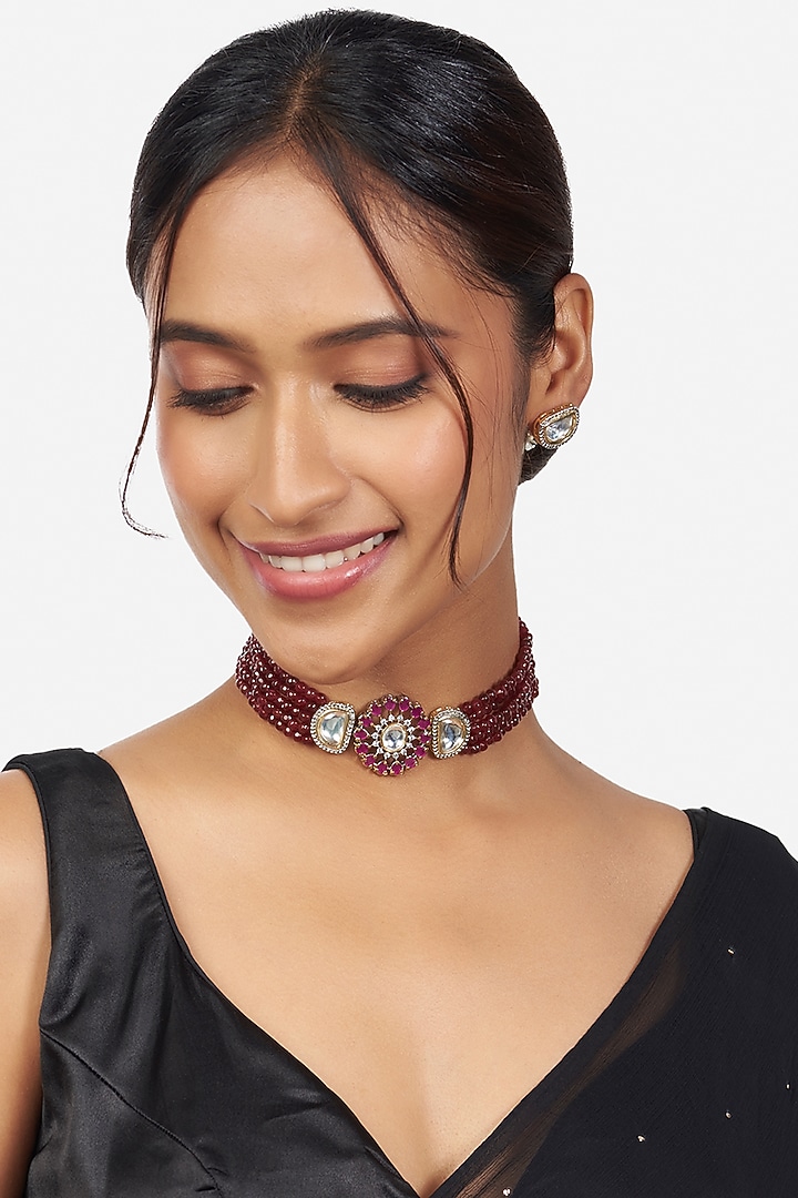 Gold Finish Beaded Choker Necklace Set by Joules By Radhika at Pernia's Pop Up Shop