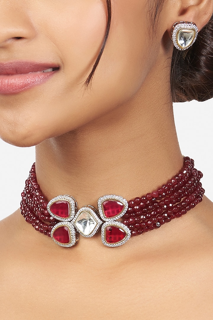 Gold Finish Beaded Choker Necklace Set by Joules By Radhika at Pernia's Pop Up Shop