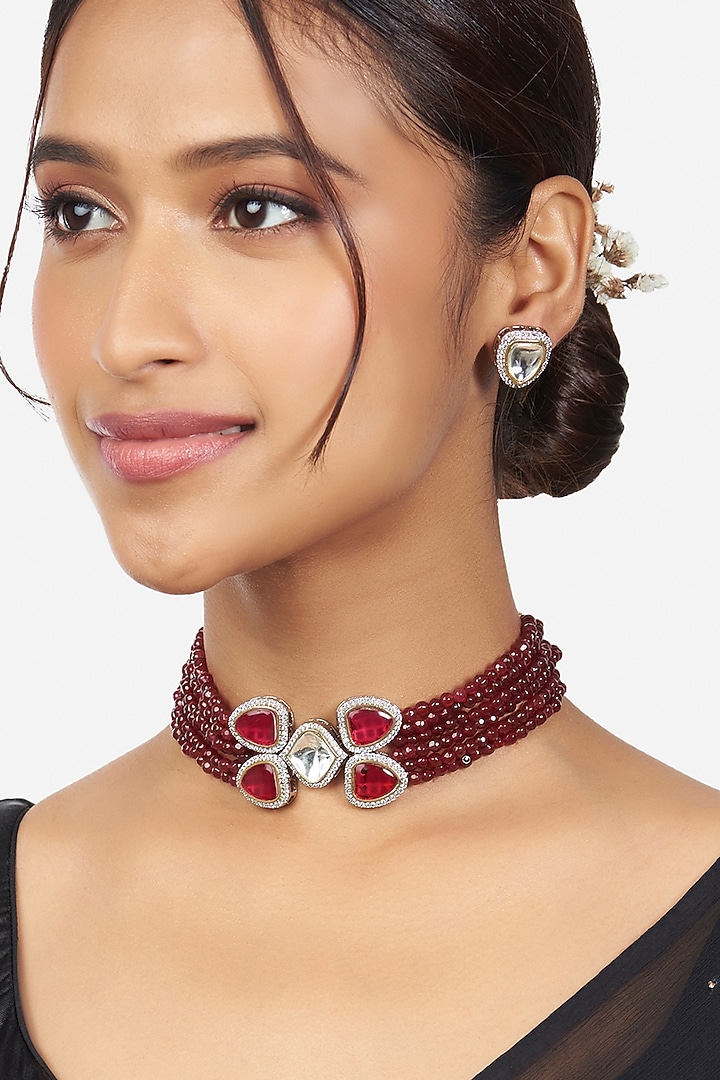 Gold Finish Beaded Choker Necklace Set by Joules By Radhika at Pernia's Pop Up Shop