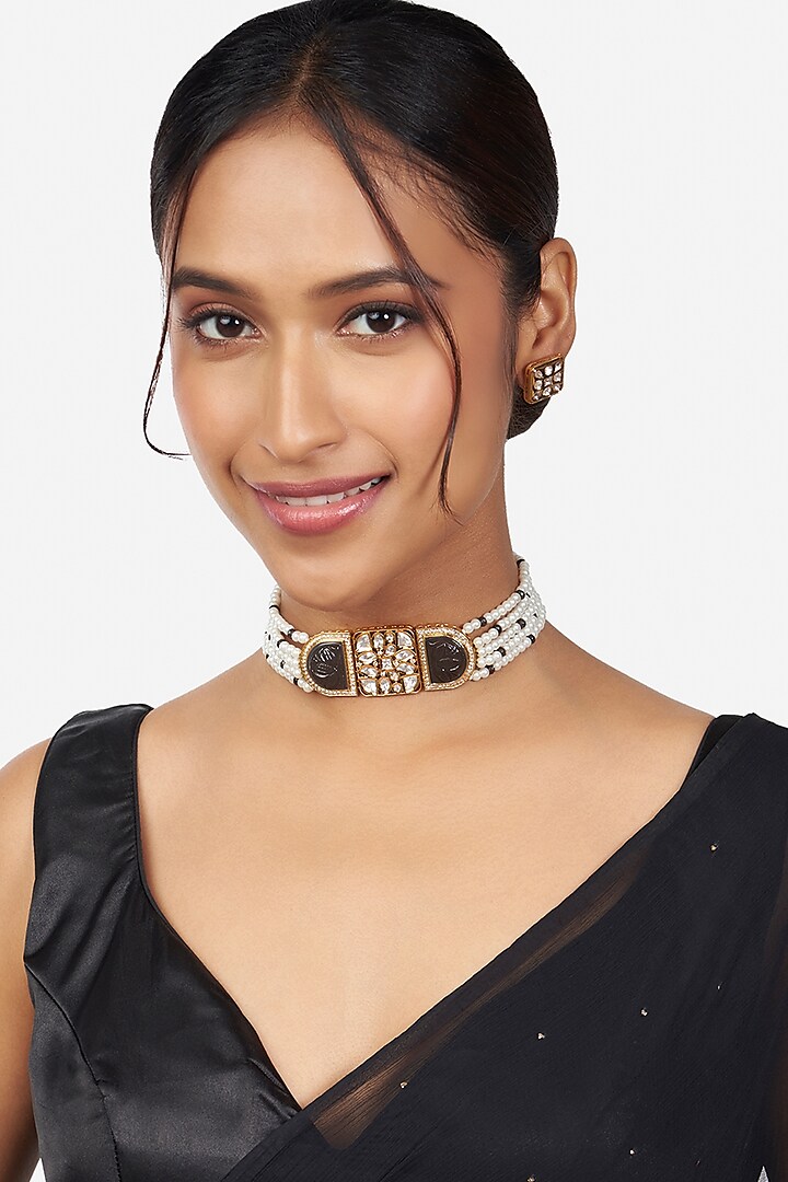 Gold Finish Pearl Choker Necklace Set by Joules By Radhika