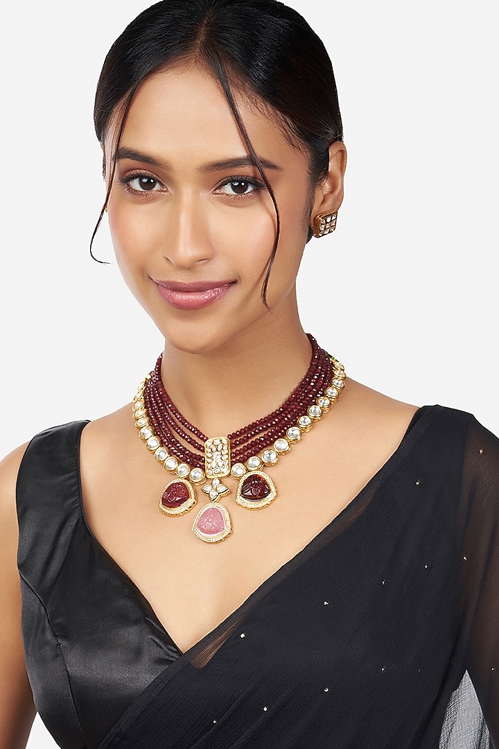 Gold Finish Beaded Necklace Set by Joules By Radhika