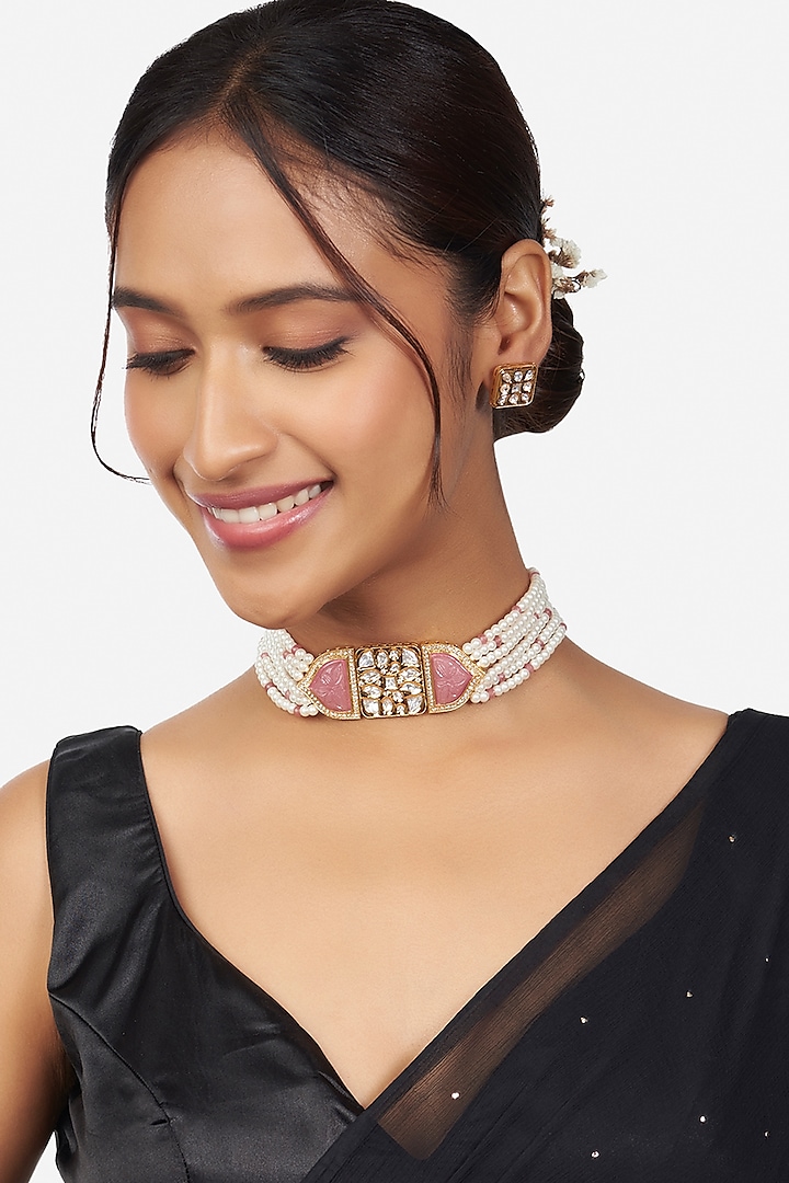 Gold Finish Handcrafted Choker Necklace Set by Joules By Radhika