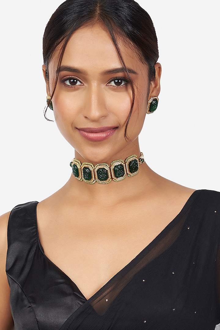Gold Finish Carved Hydro Stone Necklace Set by Joules By Radhika