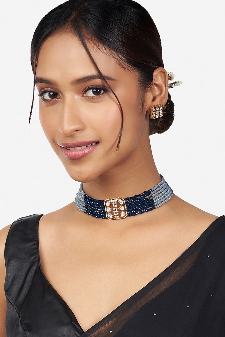 Gold Finish Choker Necklace Set In Brass by Joules By Radhika