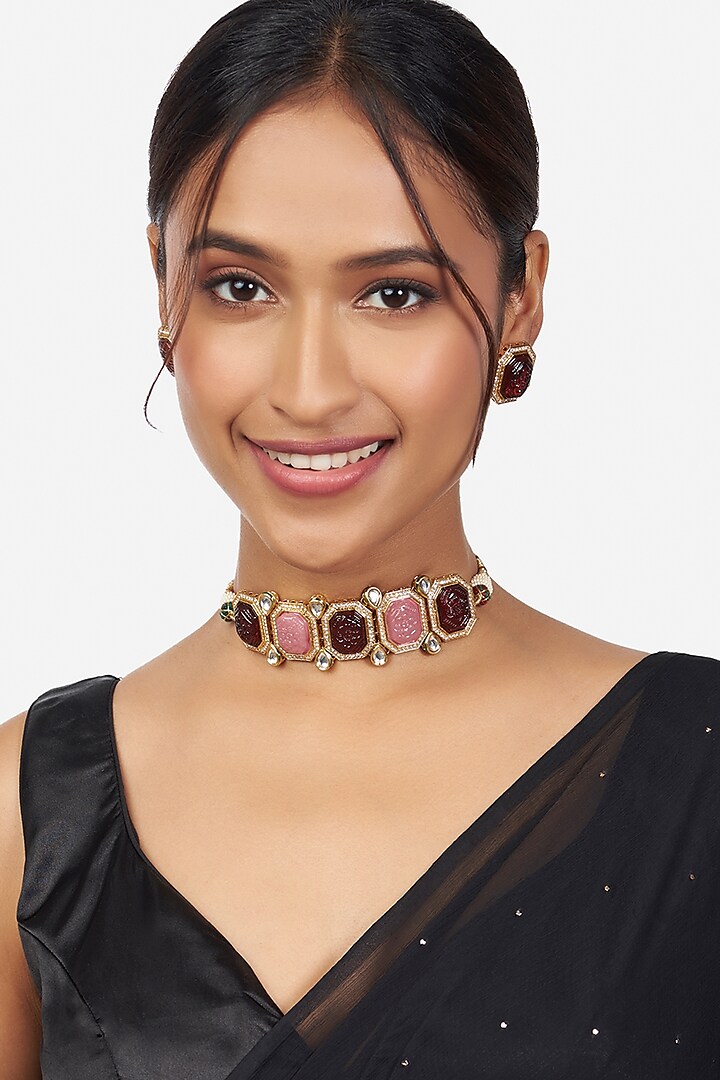 Gold Finish Austrian Zirconia Handcrafted Necklace Set by Joules By Radhika