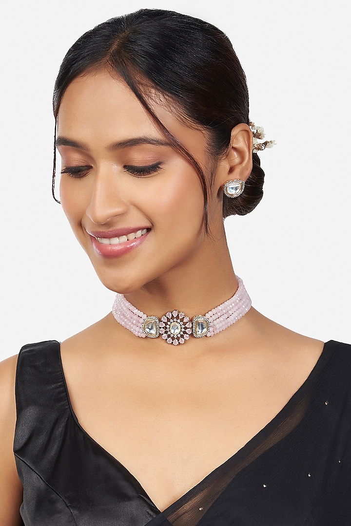 Gold Finish Necklace Set With Hydro Kundan Polki by Joules By Radhika