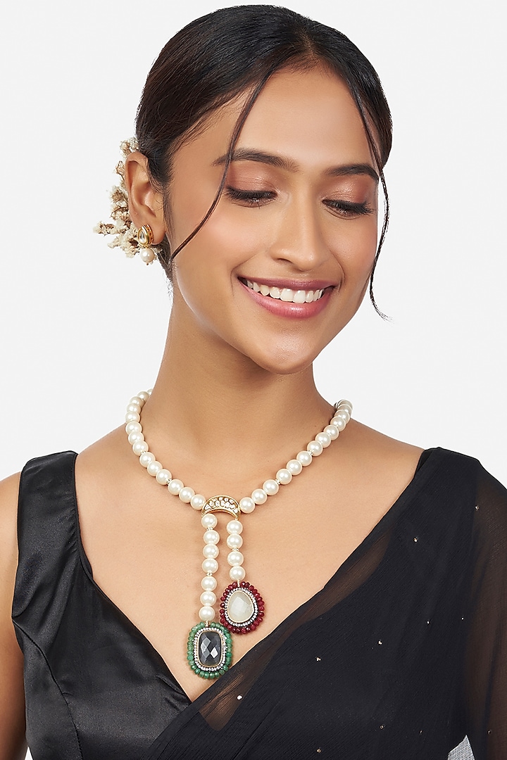 Gold Finish Pearl Beaded Necklace Set by Joules By Radhika