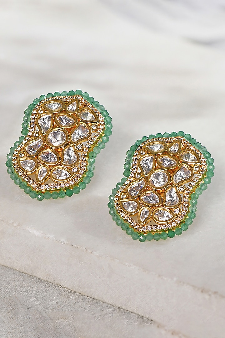 Gold Plated Kundan Polki & Green Agate Bead Stud Earrings by Joules By Radhika at Pernia's Pop Up Shop