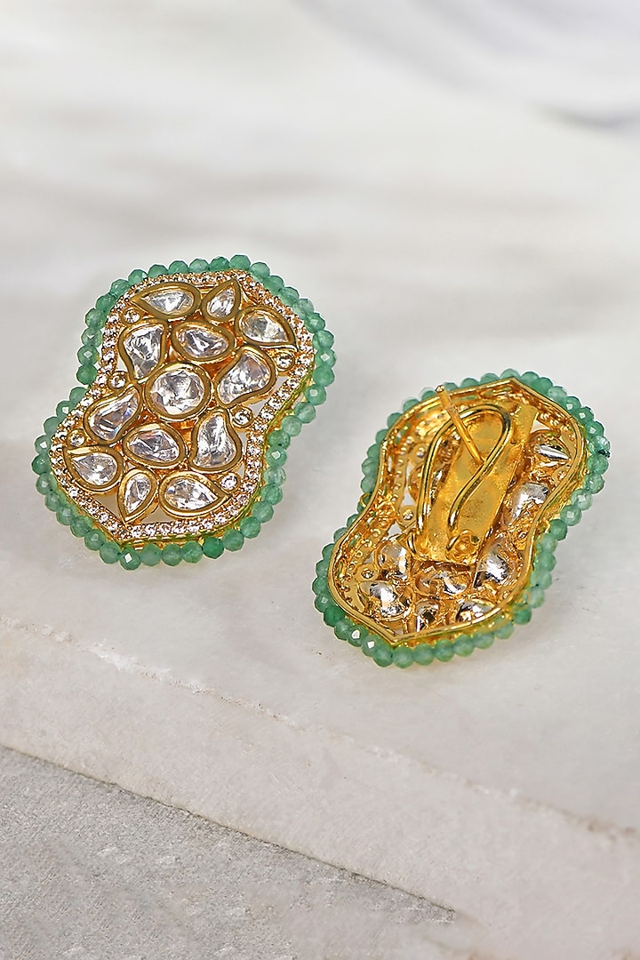 Gold Plated Kundan Polki & Green Agate Bead Stud Earrings by Joules By Radhika at Pernia's Pop Up Shop