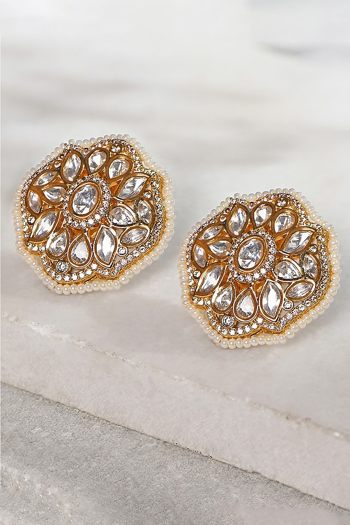 Gold Plated Kundan Polki & Pearl Stud Earrings by Joules By Radhika at Pernia's Pop Up Shop