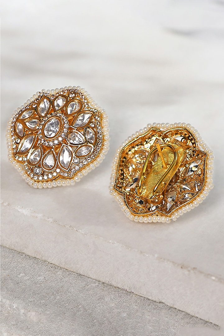 Gold Plated Kundan Polki & Pearl Stud Earrings by Joules By Radhika at Pernia's Pop Up Shop