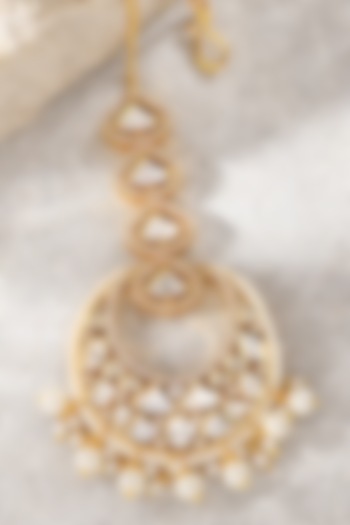 Gold Plated Kundan Polki & Pearl Maangtikka by Joules By Radhika at Pernia's Pop Up Shop