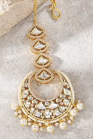Gold Plated Kundan Polki & Pearl Maangtikka by Joules By Radhika