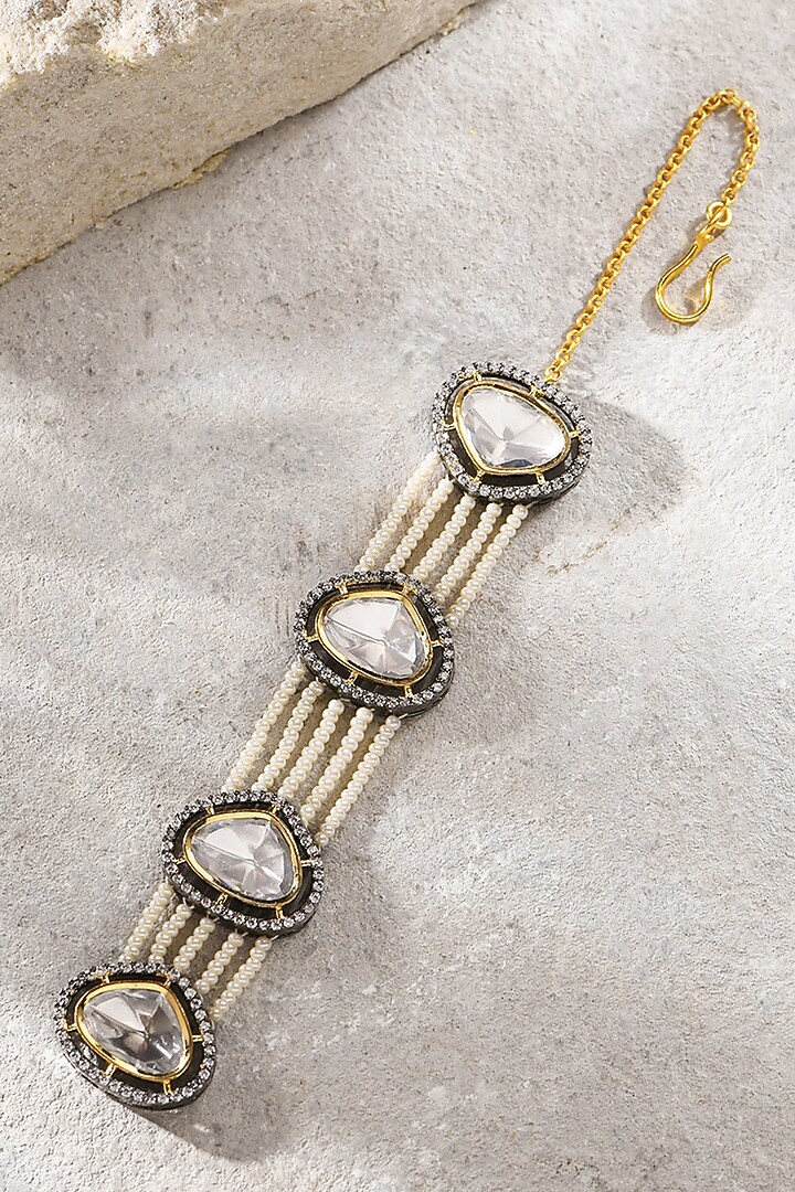 Gold Plated Hydro Kundan Polki & Pearl Maangtikka by Joules By Radhika at Pernia's Pop Up Shop
