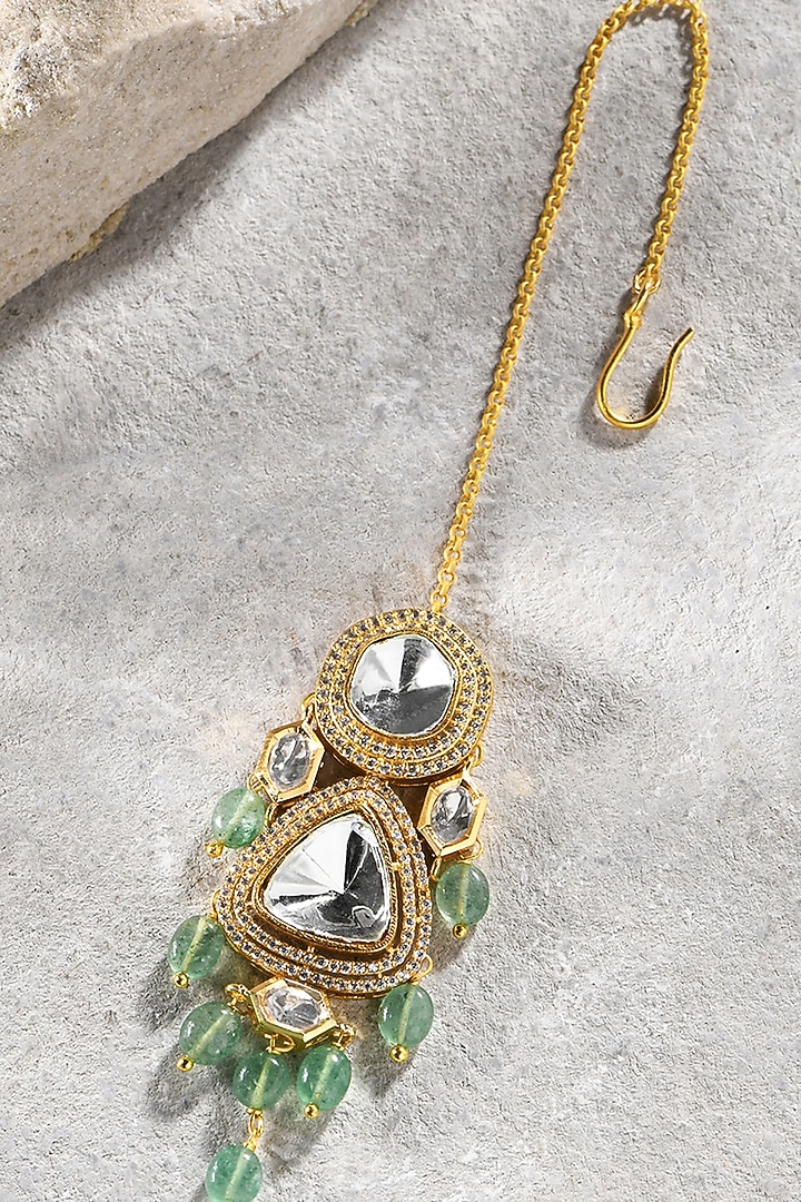 Gold Plated Kundan Polki & Green Agate Drop Maangtikka by Joules By Radhika at Pernia's Pop Up Shop