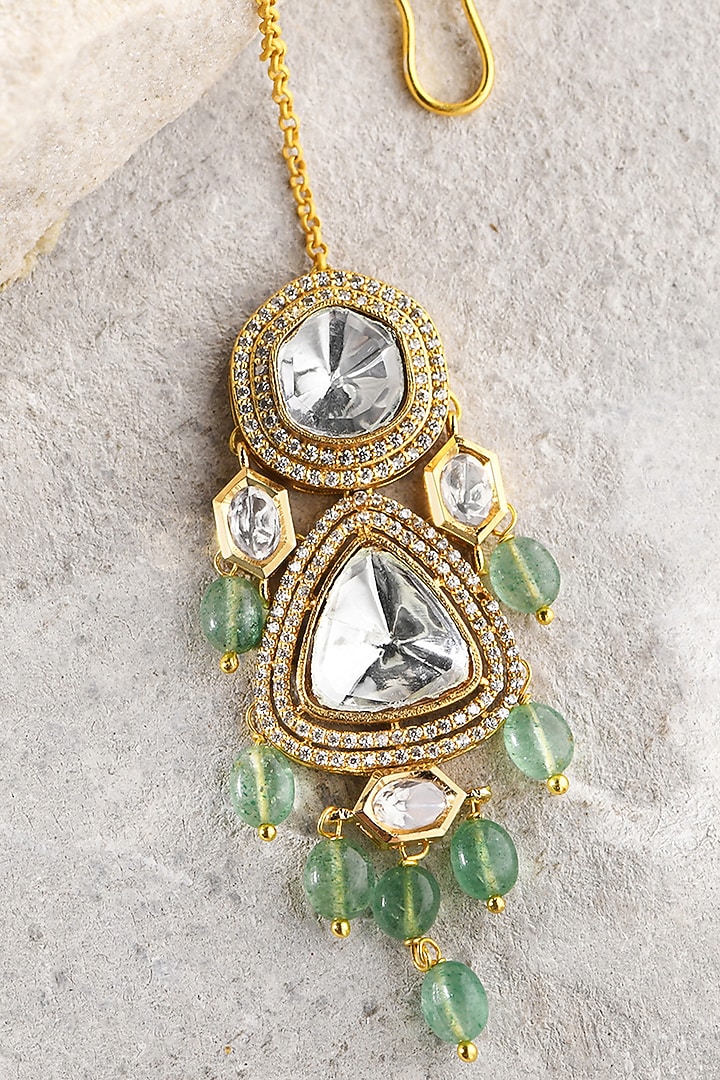 Gold Plated Kundan Polki & Green Agate Drop Maangtikka by Joules By Radhika at Pernia's Pop Up Shop