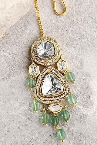 Gold Plated Kundan Polki & Green Agate Drop Maangtikka by Joules By Radhika